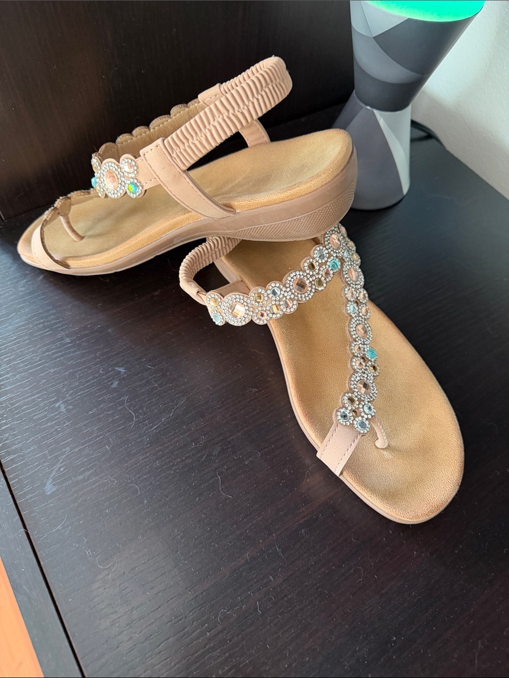 Beige Jeweled T-Strap Sandals with Elastic Back
